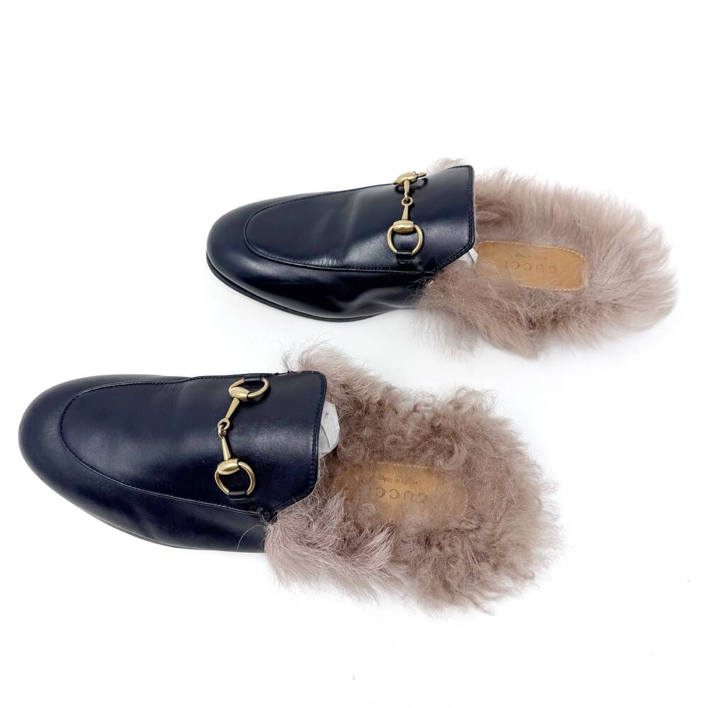 GUCCI Princetown Black Leather Fur Lined Loafer Mule with Bronze Horse Bit 37 - Picture 5 of 8